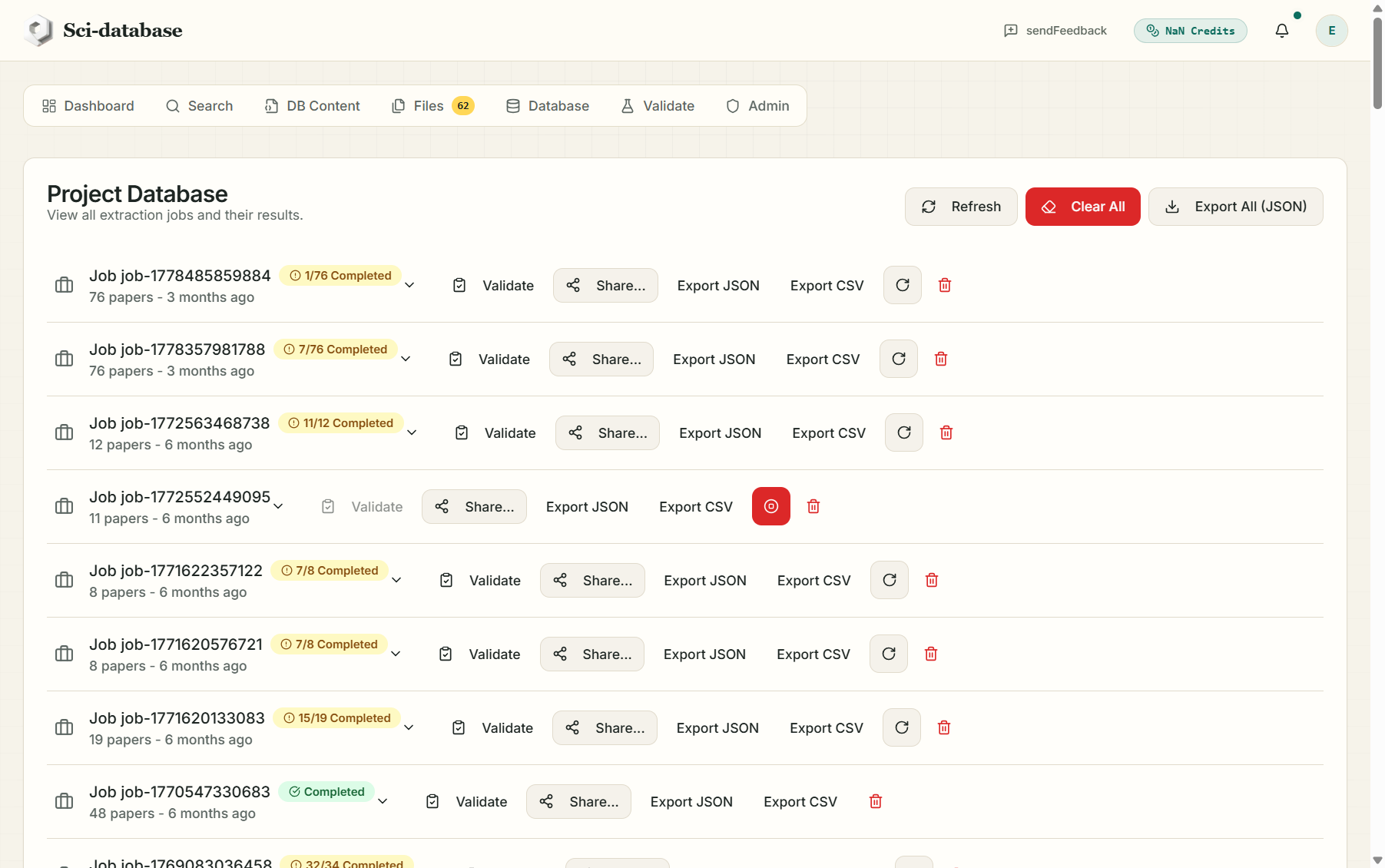 Jobs list in the Database tab