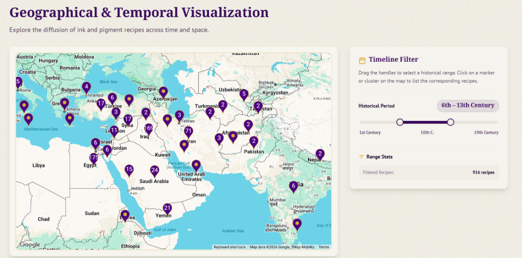 The Islamic Ink Atlas: Geographical & Temporal Visualization of ink and pigment recipes across time and space